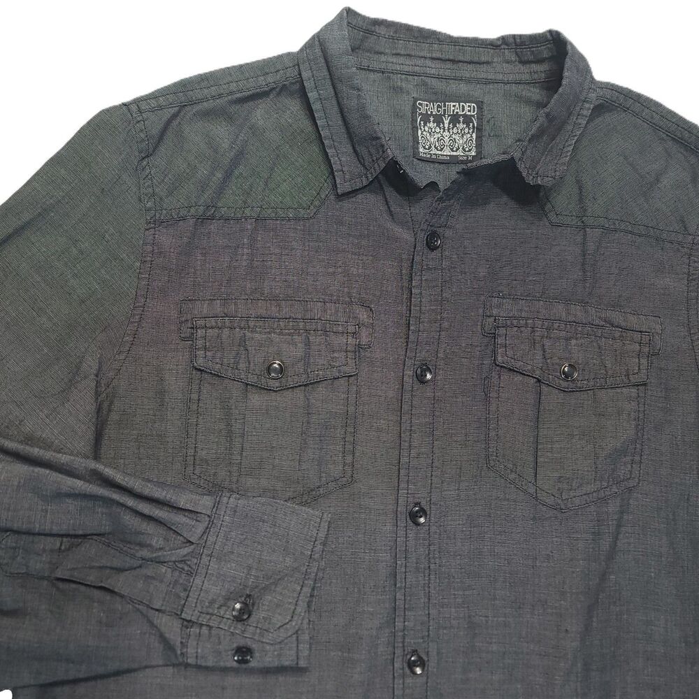 Straight Faded Mens M Shirt Button Up Roll Up Long Sleeve Snap Pockets Dark Gray
